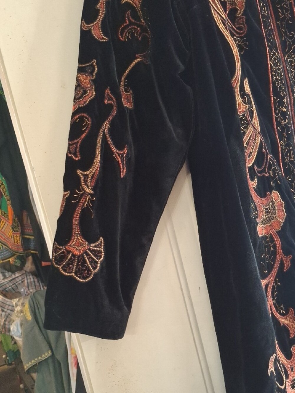 Coldwater Creek Black Velvet Coat with Red Embroidered Scrollwork - Picture 4 of 8